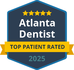 A badge displaying "Atlanta Dentist, Top Patient Rated 2025" with five gold stars at the top.